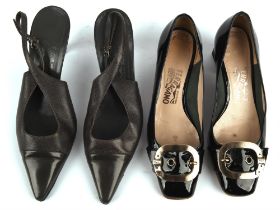 SALVATORRE FERRAGAMO four pairs of ladies 1990s vintage shoes - black patent court shoes,