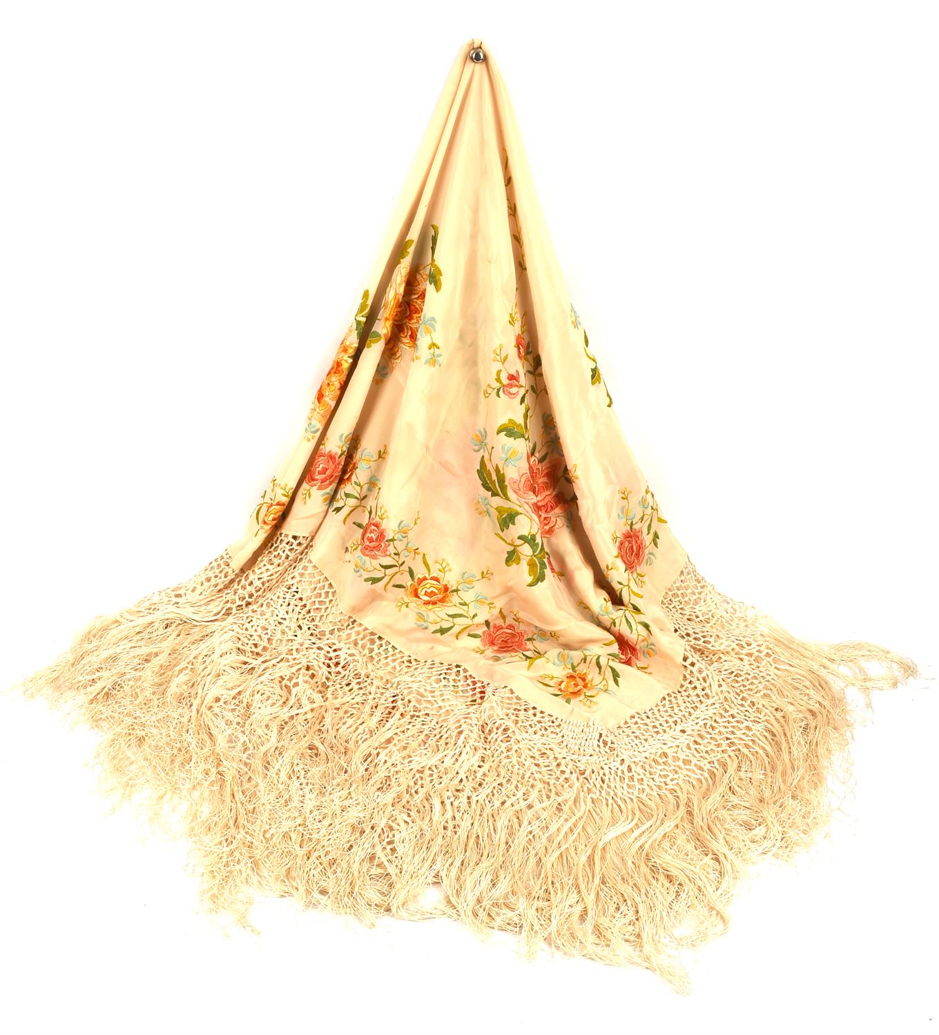 Addendum description * An antique fringed Chinese peach/cream silk piano shawl (200cm x 200cm) with