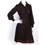 CHRISTIAN DIOR DIORLING 1970s lined wool pleated button-down shirt-waister dress in black and red
