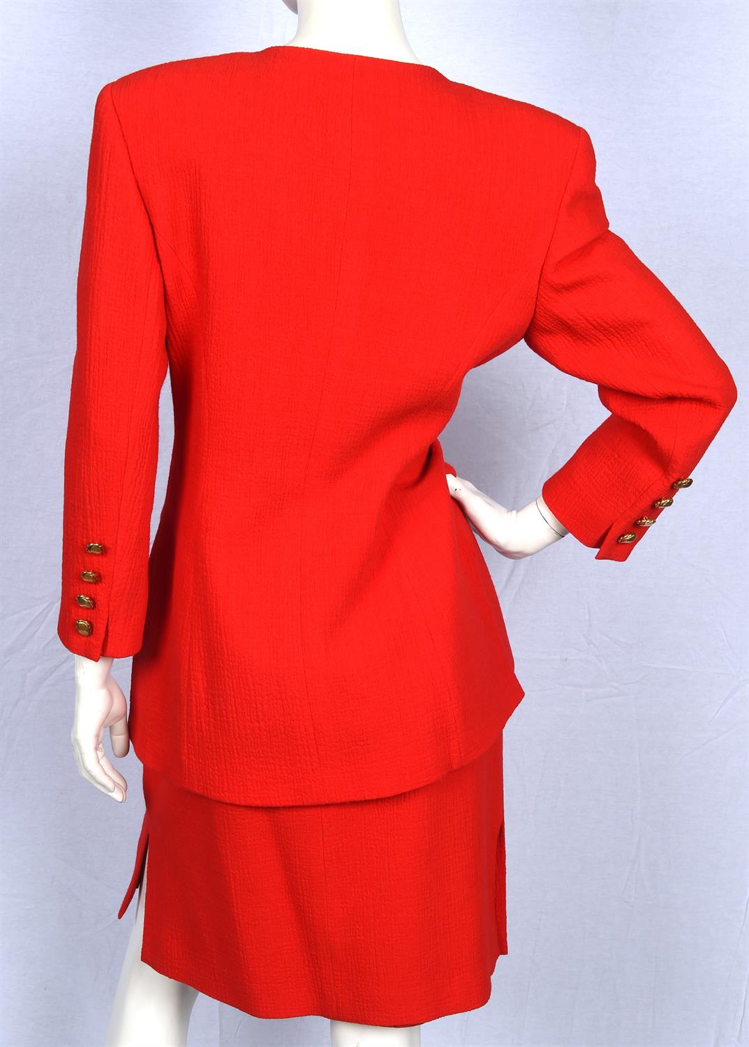 VALENTINO "MISS V" A lipstick red 1990s two piece skirt suit with brass statement buttons Fits UK - Image 4 of 5