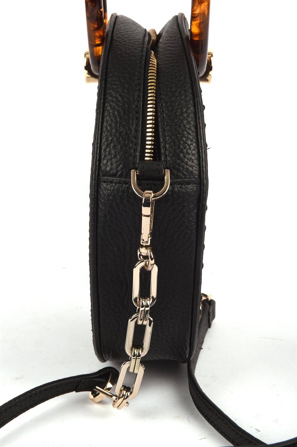 TED BAKER round black grained leather cross body handbag with brown Perspex tortoiseshell coloured - Image 3 of 5