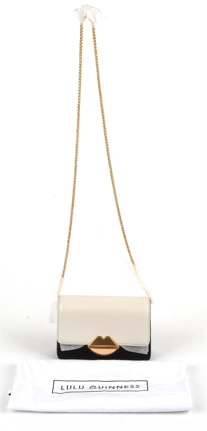LULU GUINNESS small black and dove-grey leather small crossbody handbag with long gold chain,