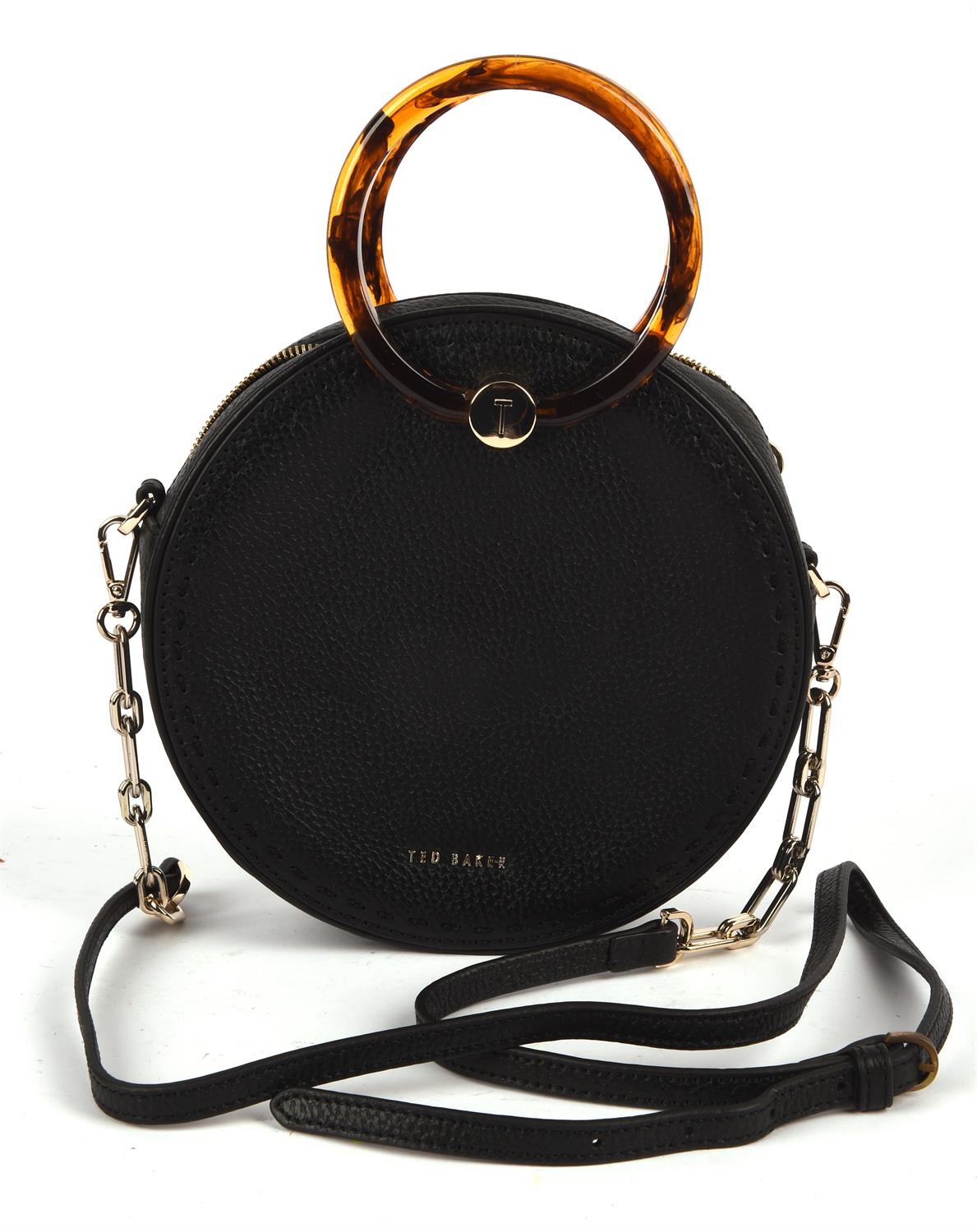 TED BAKER round black grained leather cross body handbag with brown Perspex tortoiseshell coloured - Image 2 of 5