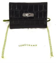 LANGCHAMP unused black croc embossed leather ladies tri-fold purse with silver hardware and