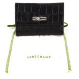 LANGCHAMP unused black croc embossed leather ladies tri-fold purse with silver hardware and