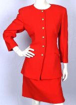 VALENTINO "MISS V" A lipstick red 1990s two piece skirt suit with brass statement buttons Fits UK