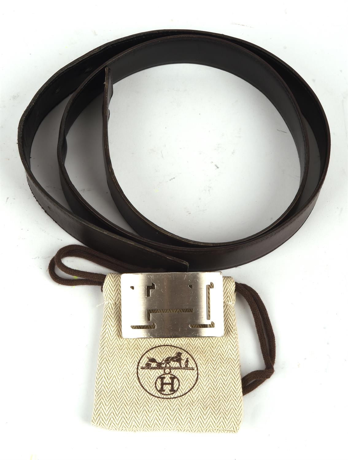 HERMES boxed gents black leather belt with silver coloured "H" buckle and original cloth pouch - Image 2 of 2