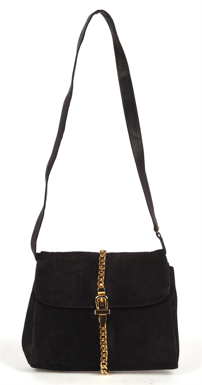 GUCCI a navy blue suede vintage handbag with gold coloured chain detail and leather strap (23cm x