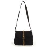 GUCCI a navy blue suede vintage handbag with gold coloured chain detail and leather strap (23cm x