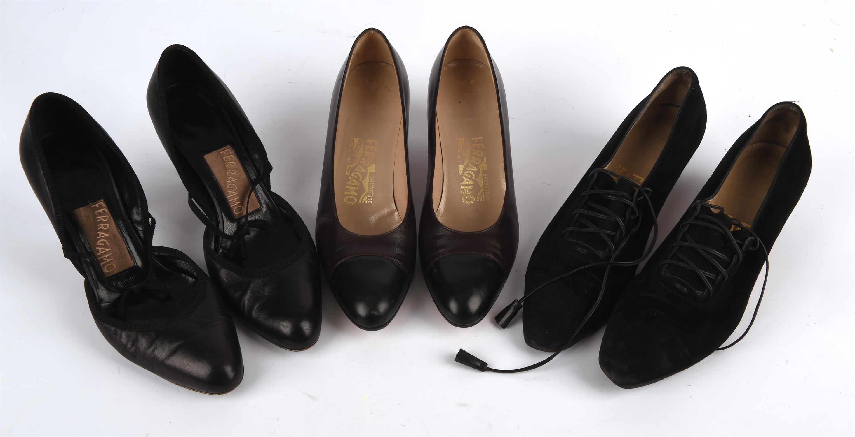 SALVATORRE FERRAGAMO six pairs of ladies vintage 1990s formal shoes in black and brown leather