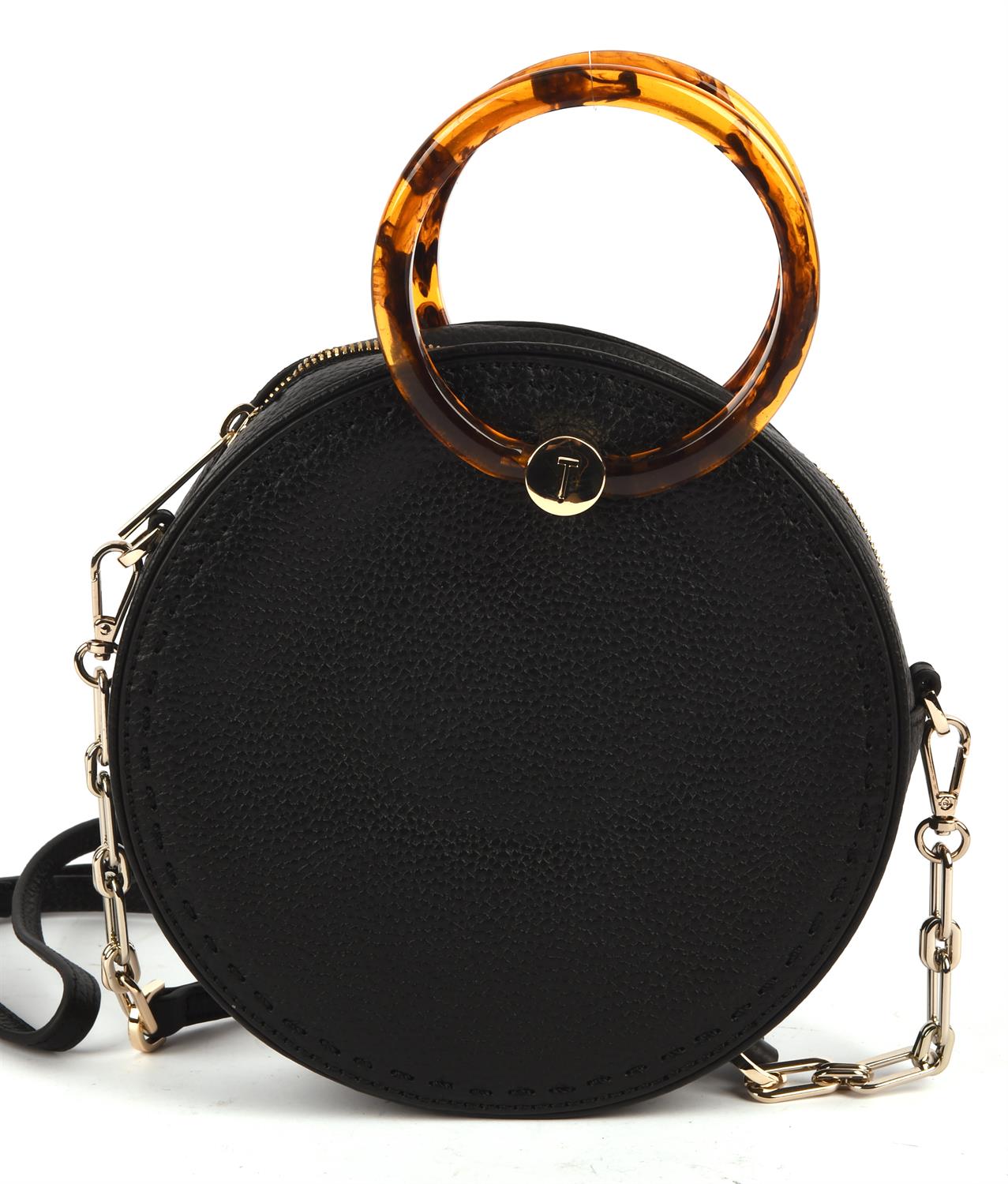 TED BAKER round black grained leather cross body handbag with brown Perspex tortoiseshell coloured - Image 5 of 5