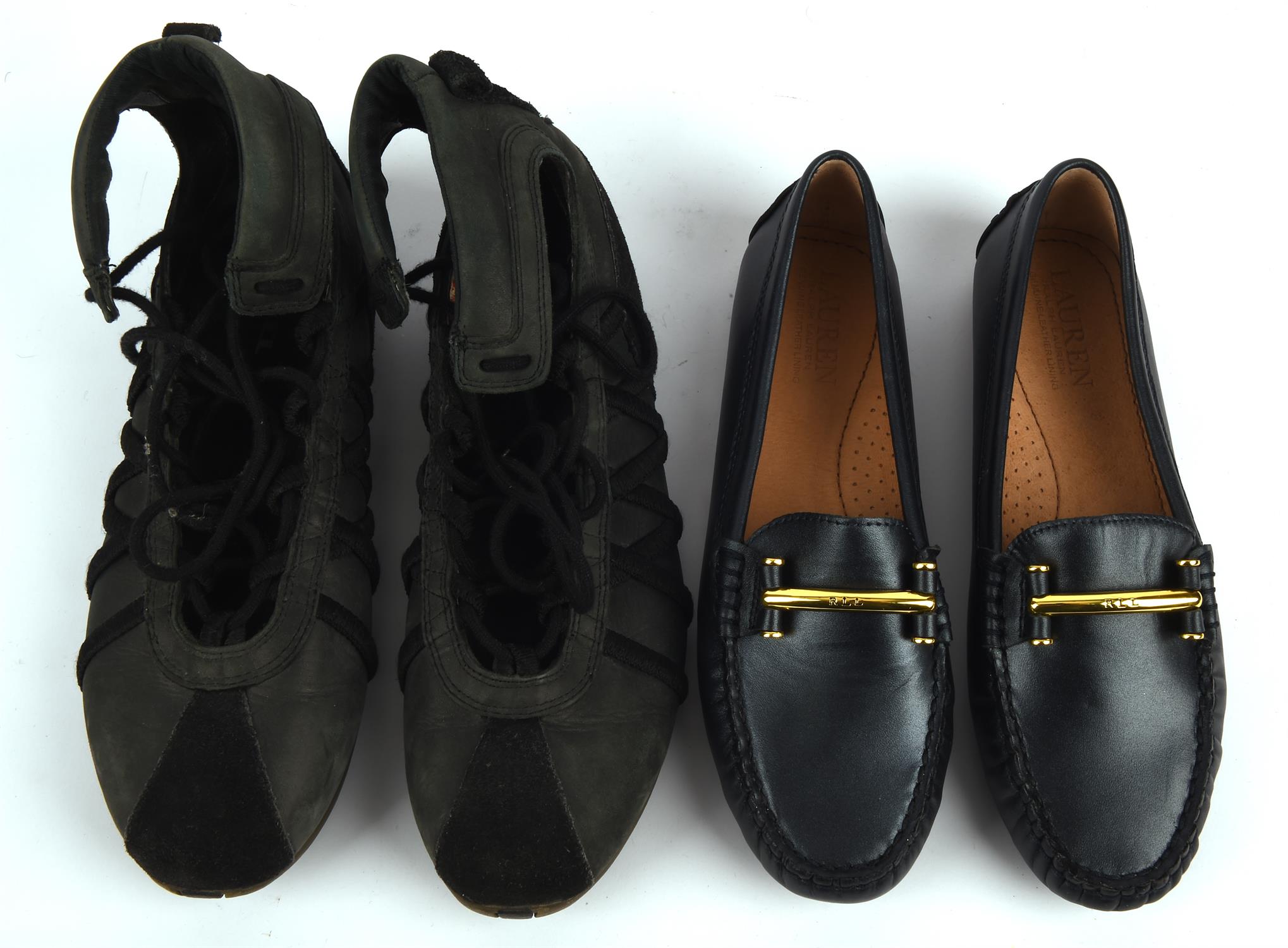 PRADA black leather kitten heels * JIMMY CHOO floral mules * RALPH LAUREN iridescent navy car shoes - Image 3 of 4