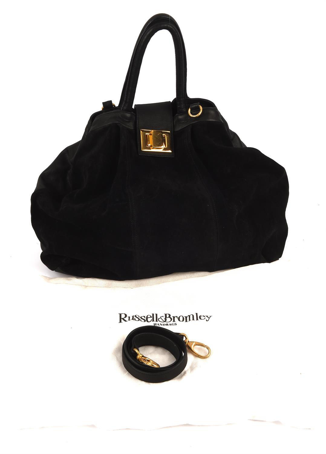 RUSSELL & BROMLEY 1990s a large vintage black leather and suede tote handbag with gold hardware and - Image 6 of 6