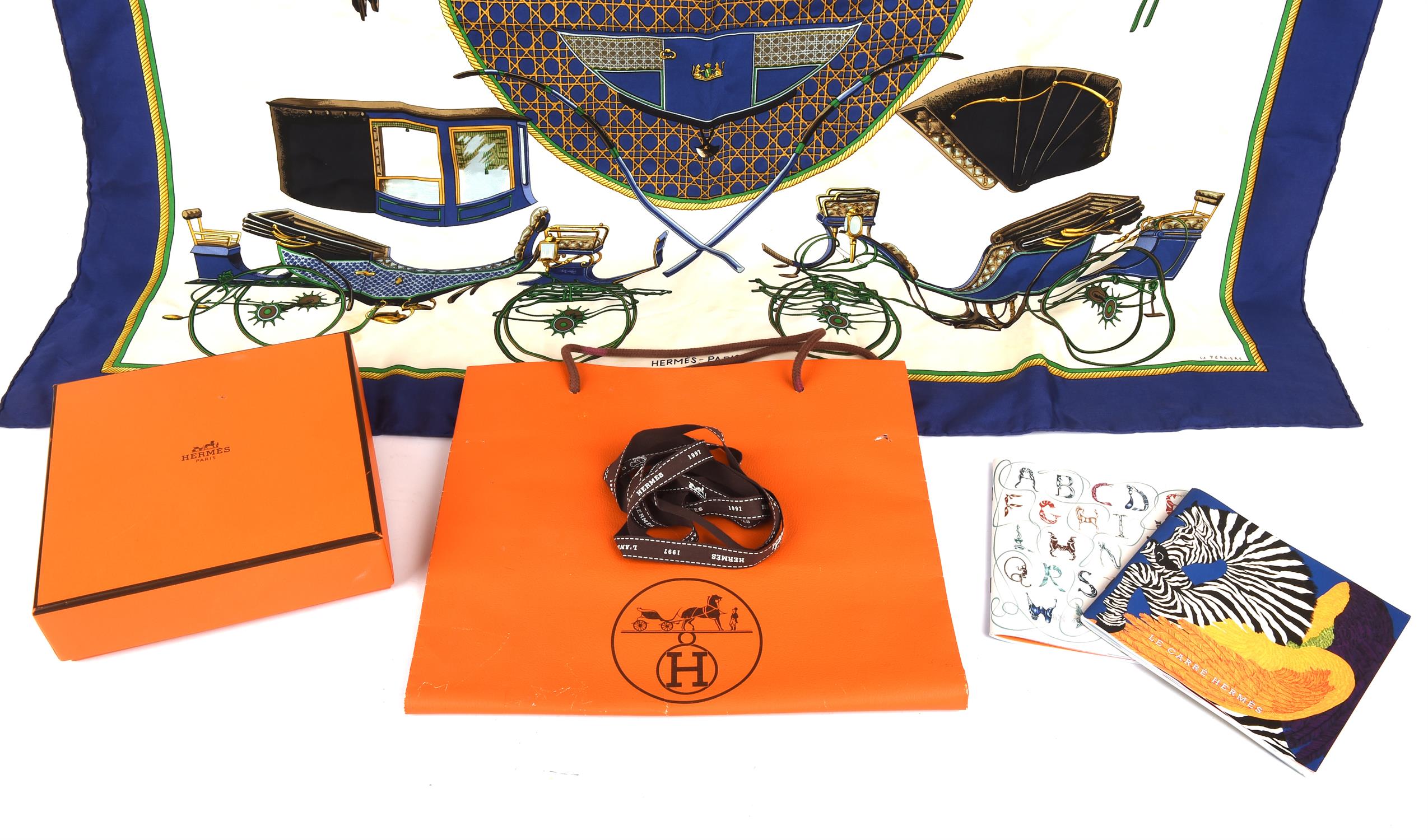 HERMES silk scarf (Rare blue colourway) Les Voitures Transformation, Boxed with ribbon and two Le - Image 3 of 3