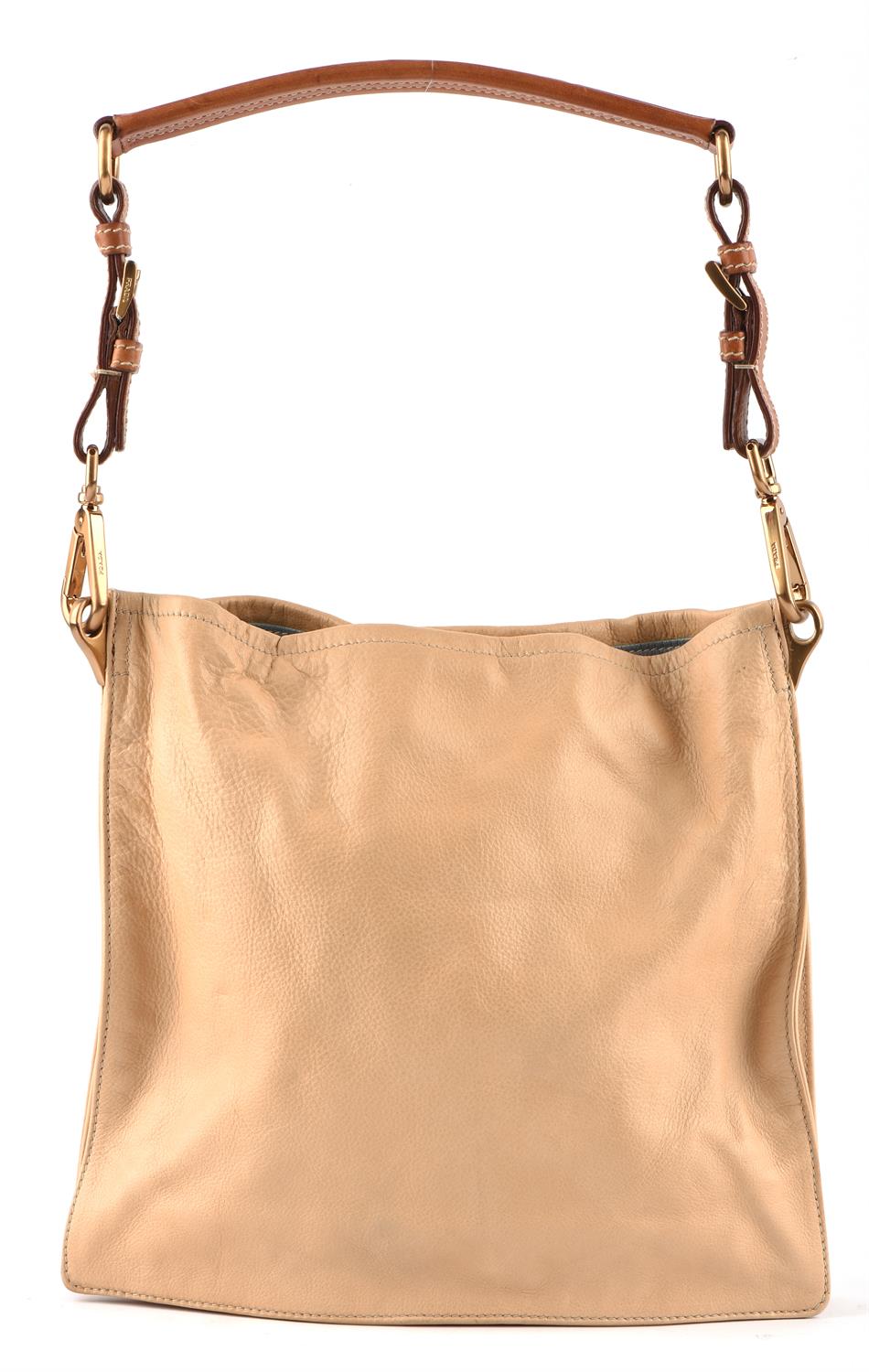 PRADA 1990s light tan square leather bag with baby blue leather lining. With gold coloured hardware - Image 3 of 4