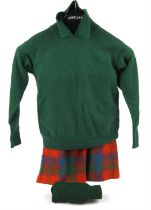 A child's good quality-vintage 1950s red tartan kilt with leather trims, leather sporran,