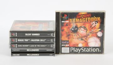 PlayStation 1 (PS1) Action bundle (PAL) Games include: Re-Loaded, Worms Armageddon, Silent Bomber,