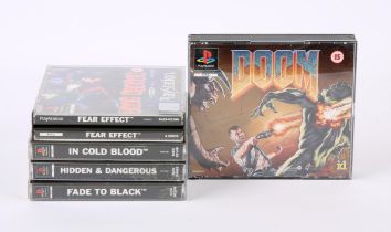PlayStation 1 (PS1) Action bundle (PAL) Games include: Doom (with Namco demo disc), Fear Effect,