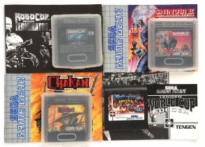 AMENDED PHOTO An assortment of 4 Sega Game Gear games (PAL) Games include: Robocop VS Terminator,
