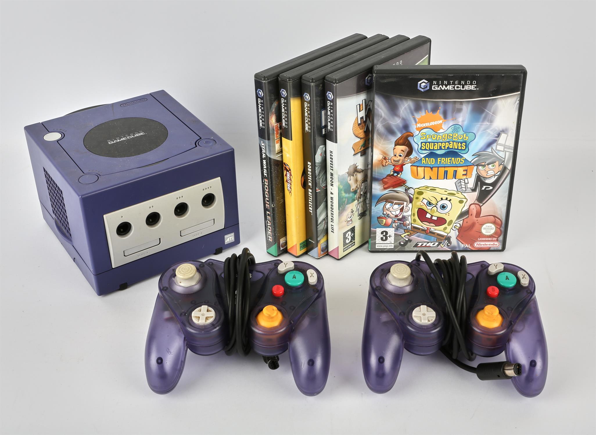 Nintendo GameCube Console [Indigo] with 2 third-party controllers and 5 games (PAL) and UK power