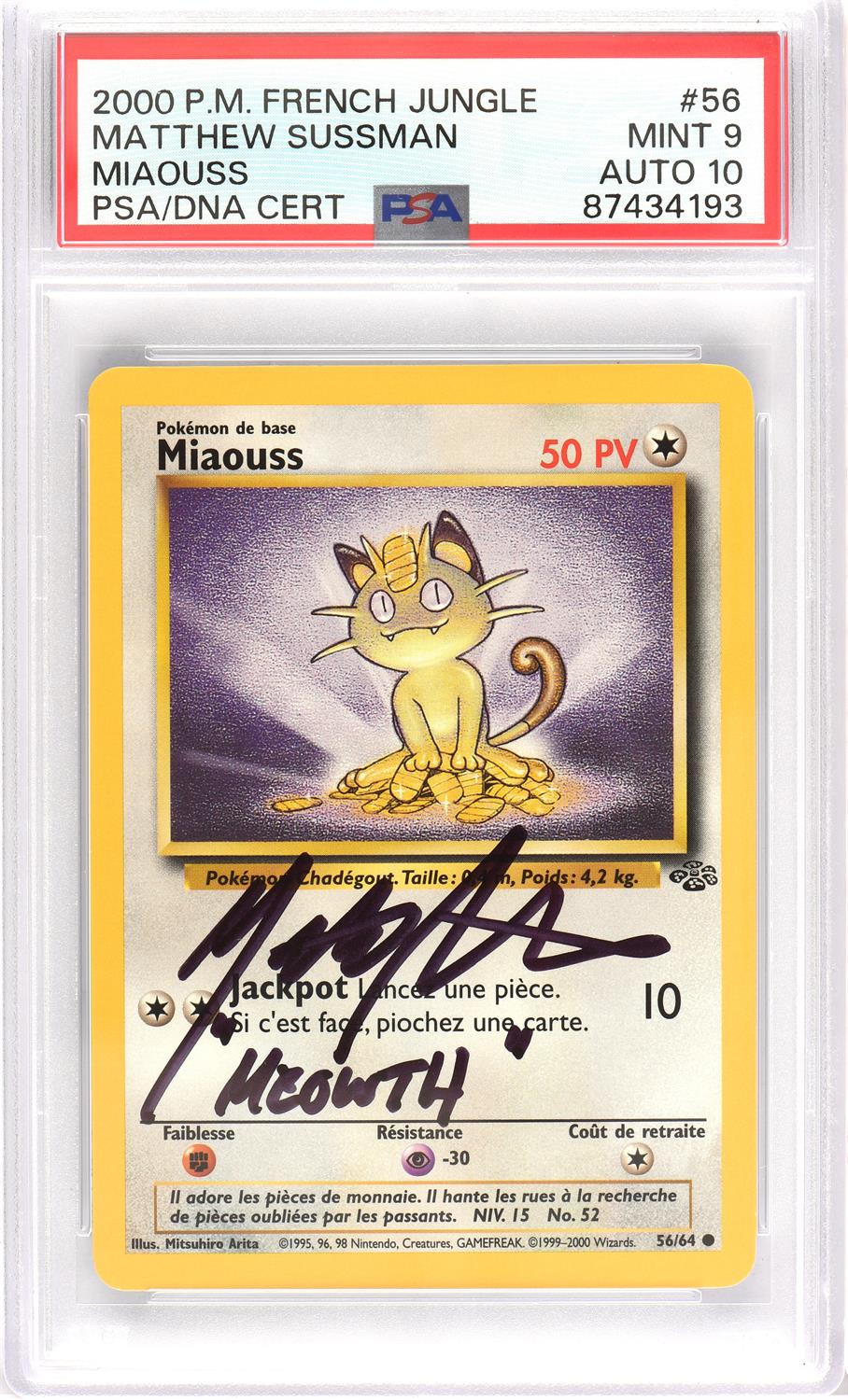 Pokemon TCG. Miaouss (Meowth) French Jungle 56/64 Signed by Matthew Sussman who voiced Meowth in