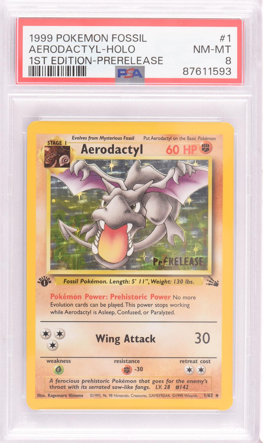 Pokemon TCG. Aerodactyl 1/62 Prerelease 1st Edition Fossil PSA 8. The pre-release stamp on the card