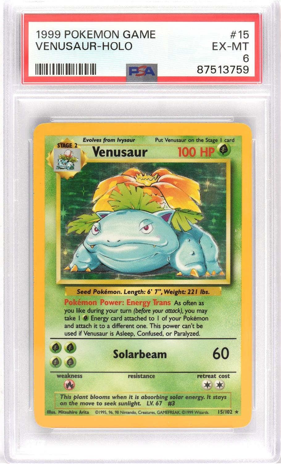 Pokemon TCG. Venusaur Base Set Holo 15/102 Graded PSA 6.