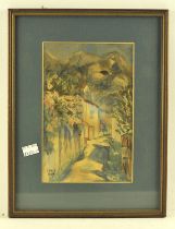 T. Ward. Continental Street Scene, mountains beyond, watercolour, signed and dated 1934 lower left,