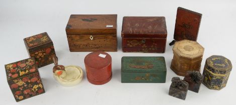 A Victorian rosewood twin division tea caddy, width 20.5cm, an early 20th century Japanese lacquer