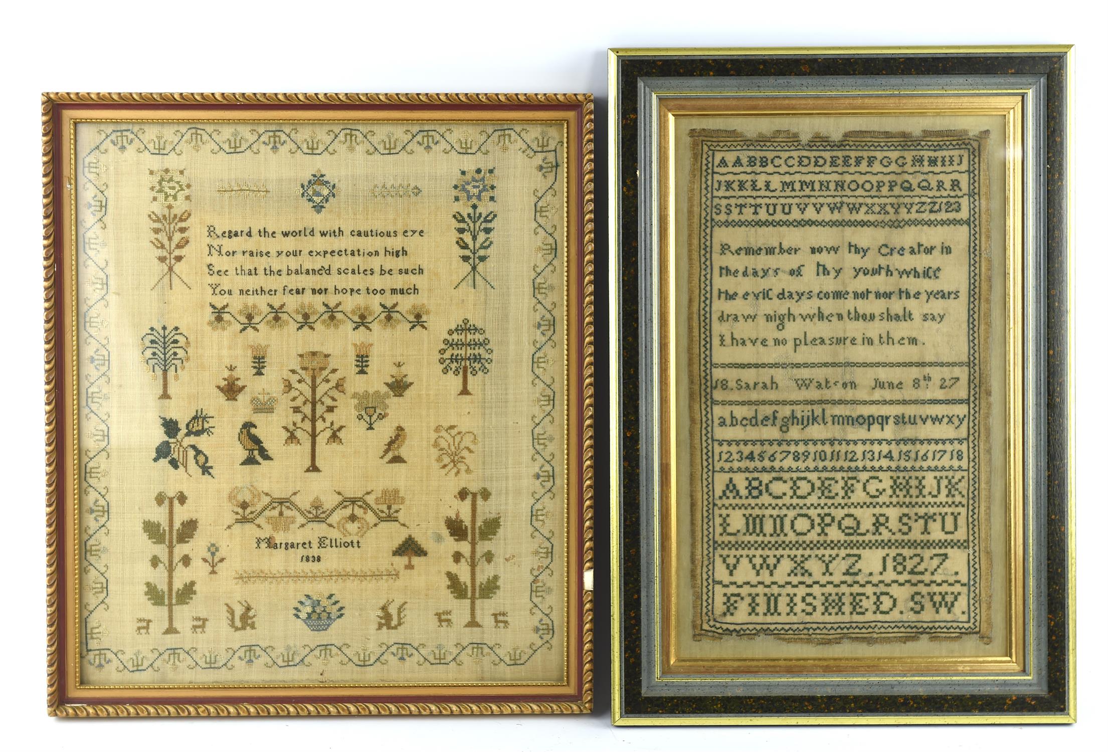 Early 18th century alphabet sampler dated 1827 33cm x 19cm framed and glazed, and another sampler