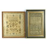 Early 18th century alphabet sampler dated 1827 33cm x 19cm framed and glazed, and another sampler