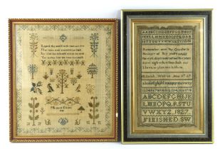 Early 18th century alphabet sampler dated 1827 33cm x 19cm framed and glazed, and another sampler