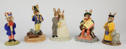 Royal Doulton Bunnikins figure groups in boxes, thirty five figures, to include Britannia, Mother,