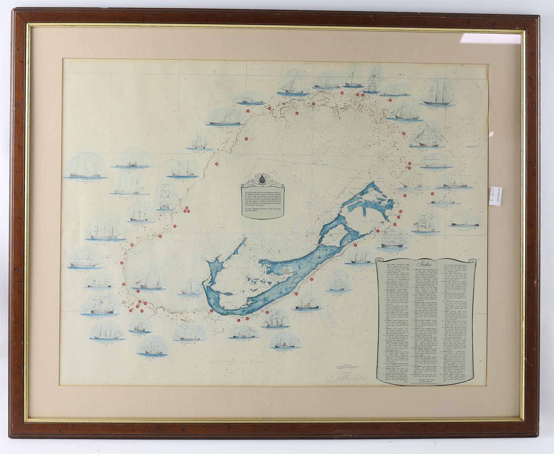 Teddy Tucker map of submarine losses around Bermuda, 45.5 x 60cm.