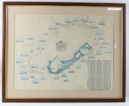 Teddy Tucker map of submarine losses around Bermuda, 45.5 x 60cm.