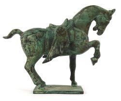 Spelter figure of a knight on a horse, a Chinese bronze in the Tang style, a resin figure of a