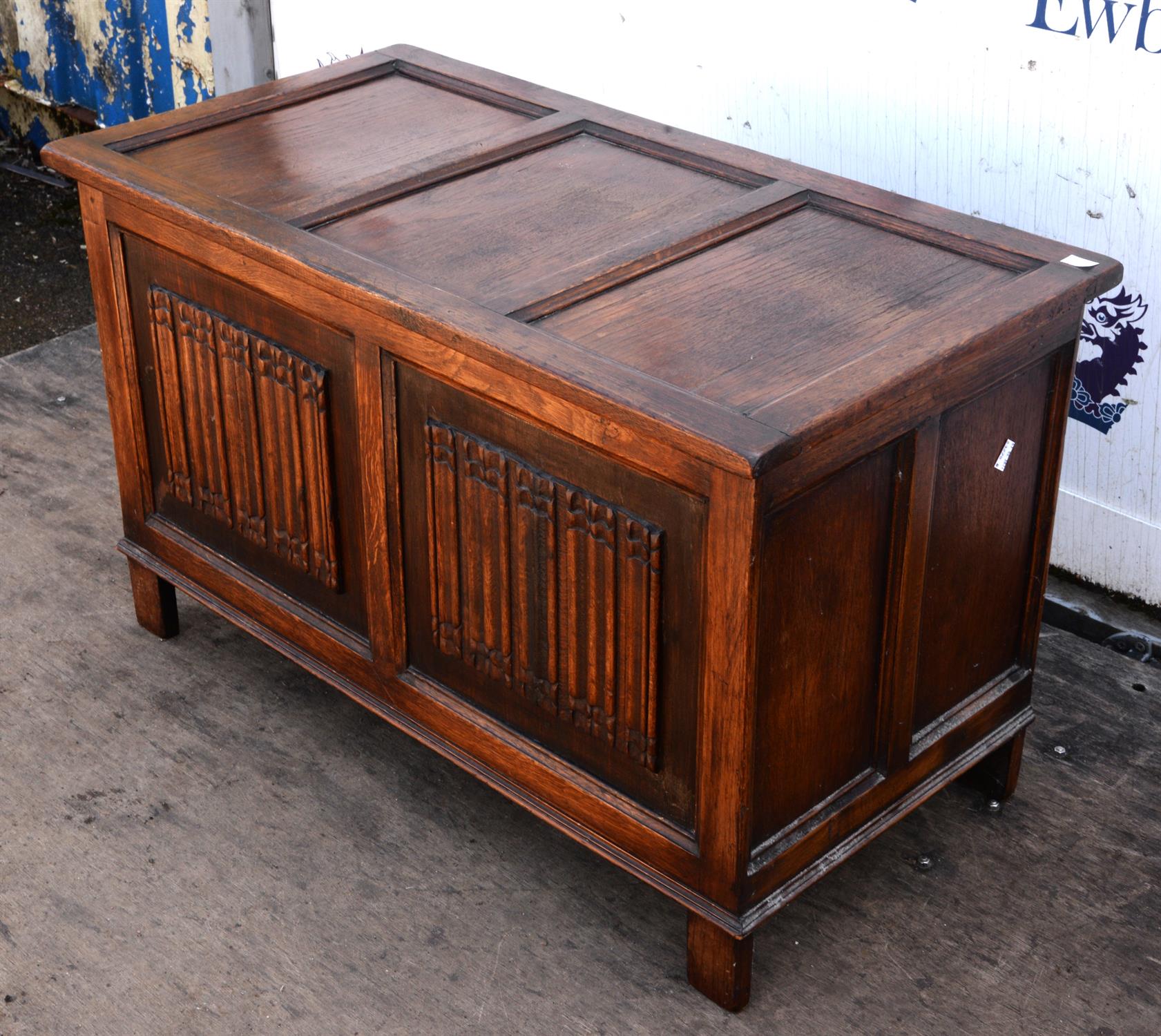 An Elizabethan style oak coffer, 1920s/30s, the front with a pair of linen fold panels, H 56cm, - Image 2 of 4