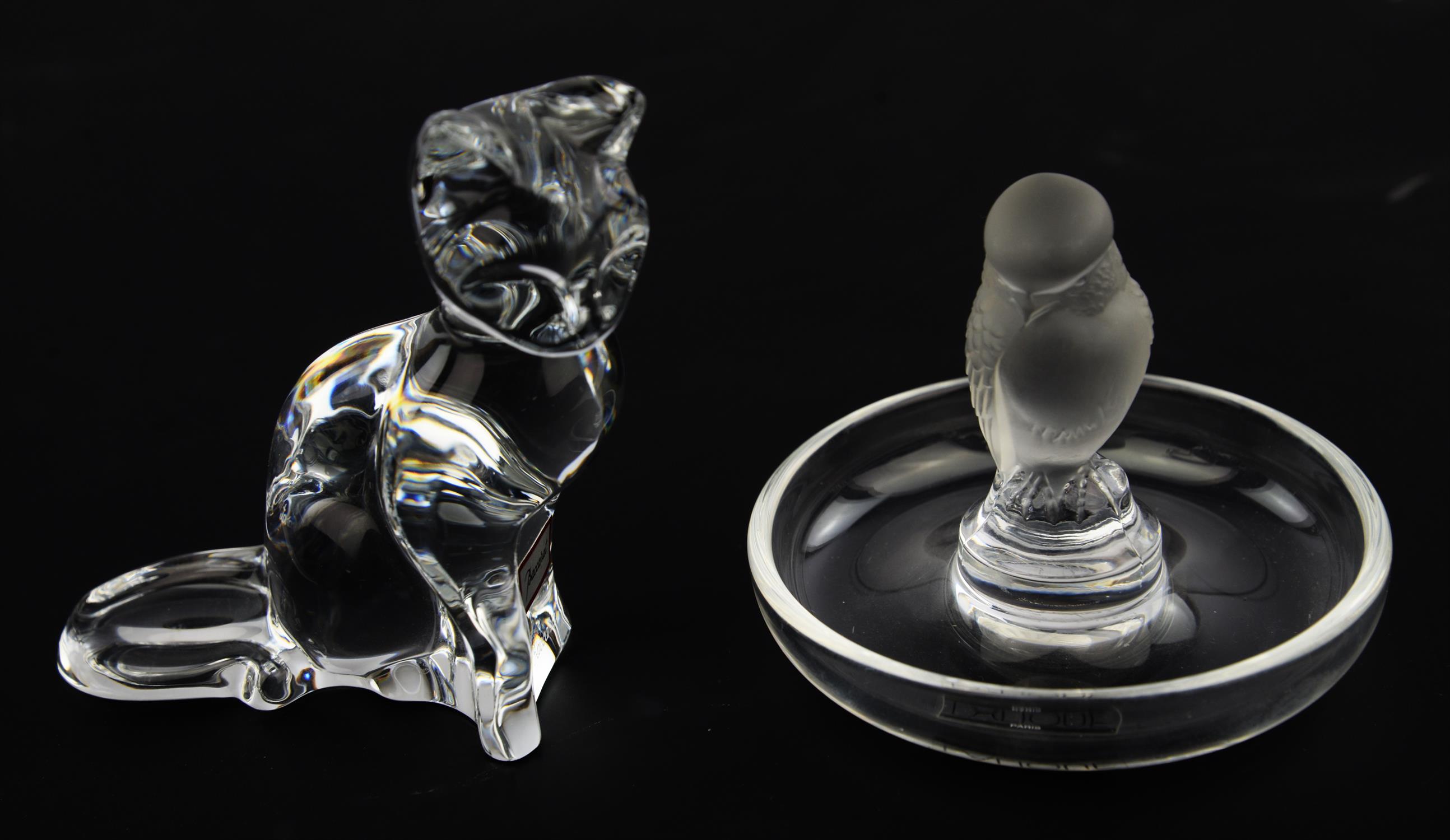 A modern Lalique crystal pin tray centrally decorated with a moulded bird, height 7cm,