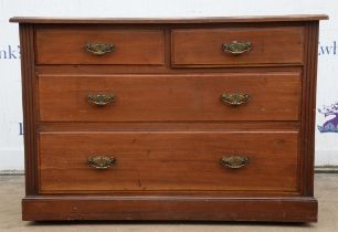 An Edwardian walnut dressing chest of drawers, formerly with a superstructure, on castors, H 78cm,
