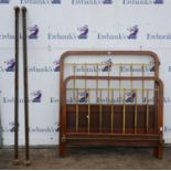 An English beechwood and brass double, 1930s, with cast iron rails, bedhead H 131cm, W 132cm,