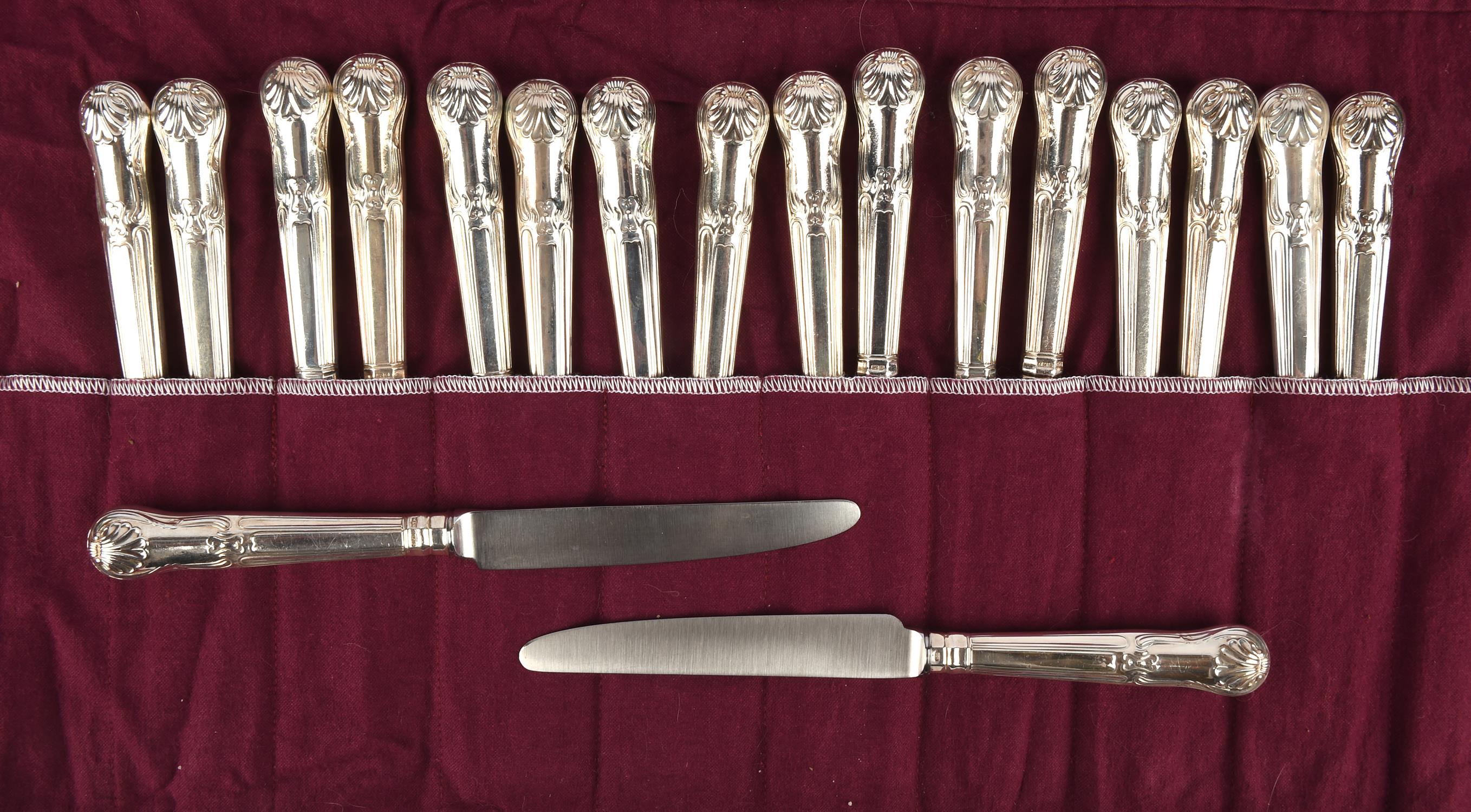 18 silver handled table knives and 18 side knives with stainless steel blades by Mappin & Webb