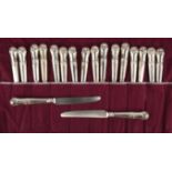 18 silver handled table knives and 18 side knives with stainless steel blades by Mappin & Webb