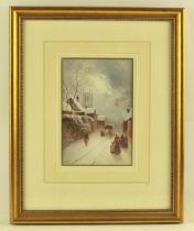 George H Harris (1856-1924), Sheep in a Snowy Landscape, watercolour, signed lower left, 25 x 16cm.