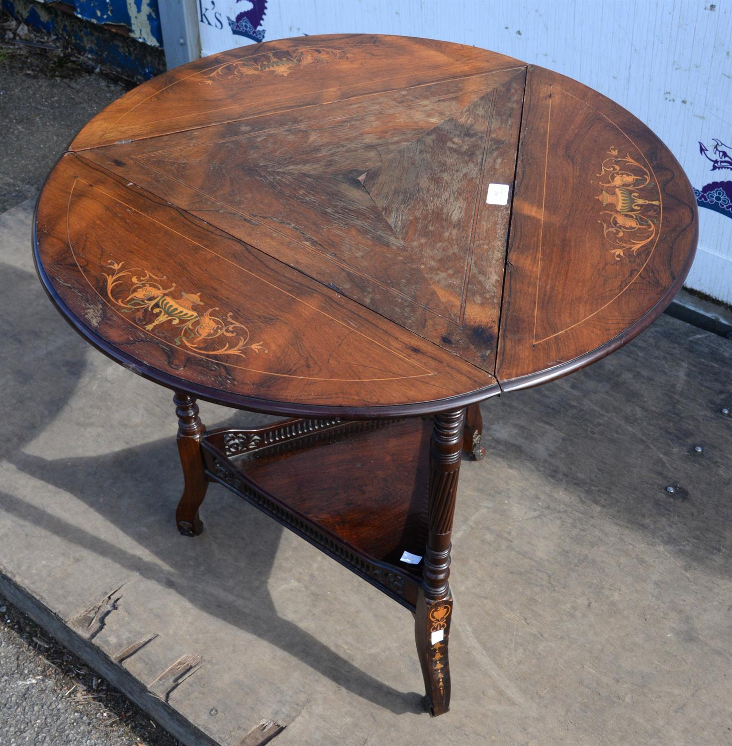 An Edwardian rosewood and inlaid envelope occasional table, each flap inlaid with flowering urns, - Image 4 of 4