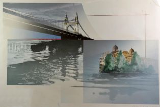 Richard Davies (British b. 1944), Hammersmith Bridge, colour screen print, signed, dated 1988,