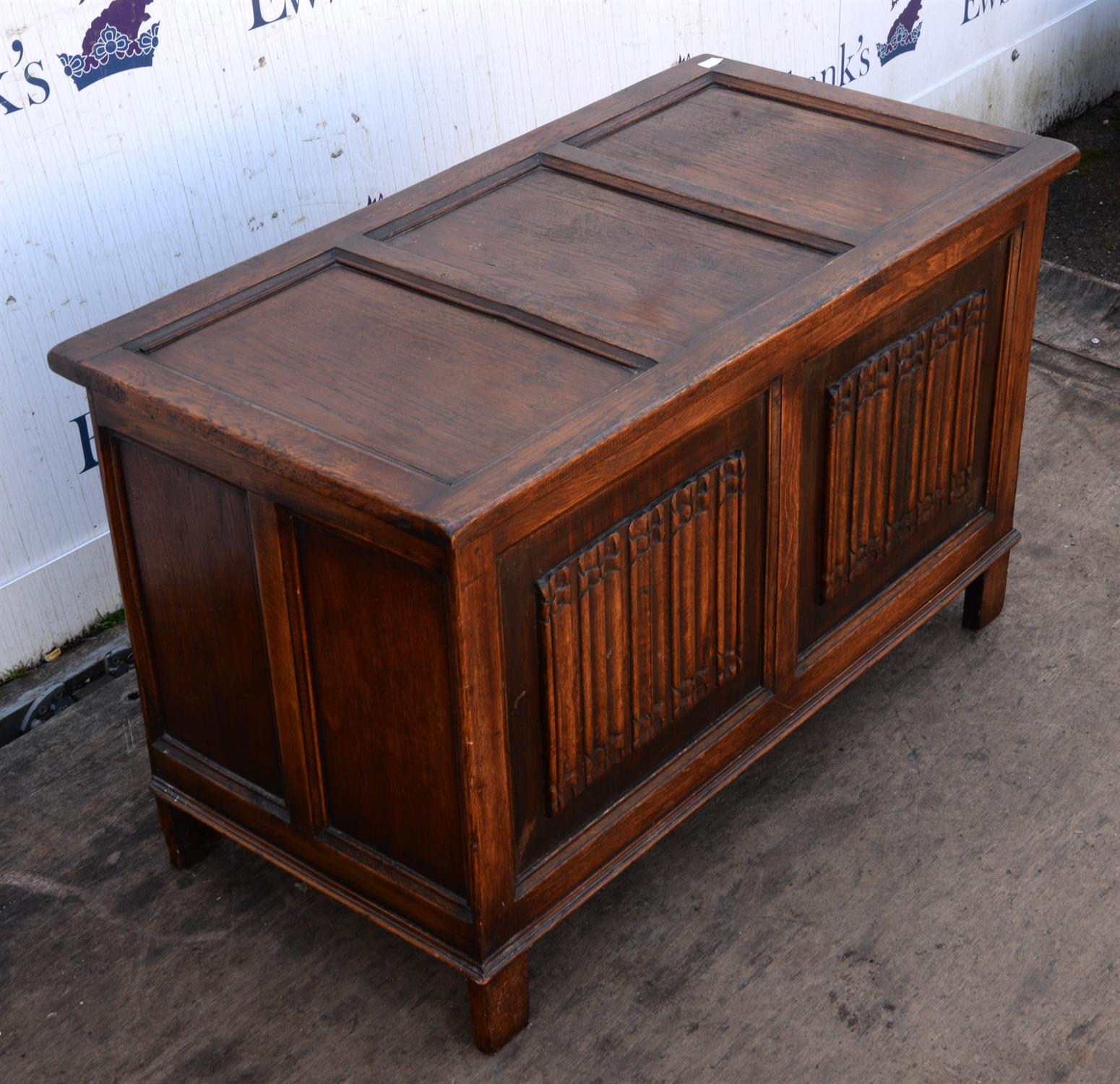 An Elizabethan style oak coffer, 1920s/30s, the front with a pair of linen fold panels, H 56cm, - Image 3 of 4