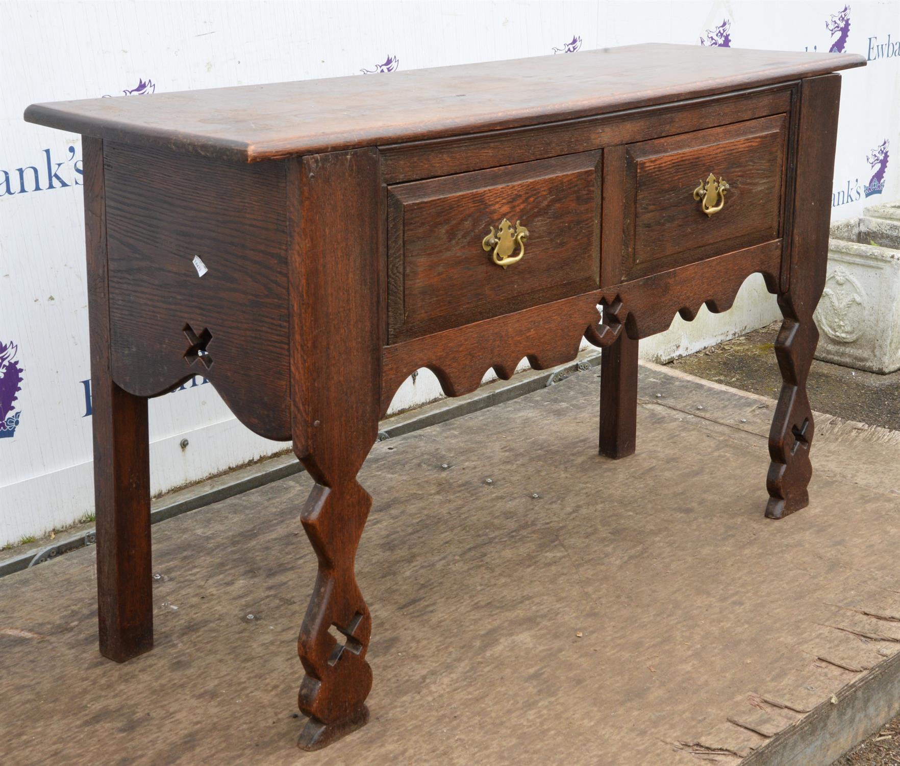Oak side table, 20th Century, rectangular top, two frieze drawers, pierced stile legs, - Image 3 of 3
