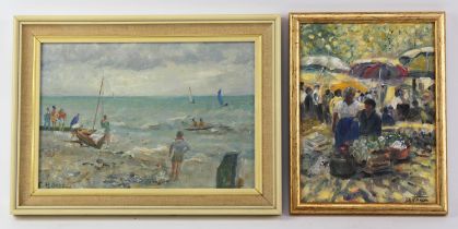 C. H. Bassoli? (20th century), Beach scene with fisherfolk, oil on board, signed lower left, 16.