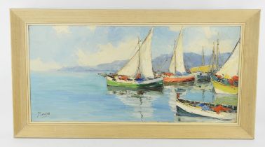 French School (20th century), ‘St Margarite’, sailing boats in a harbour, oil on canvas,