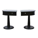 Unknown Designer, pair of ebonised bedside tables, each with drawer with chromed metal handle,